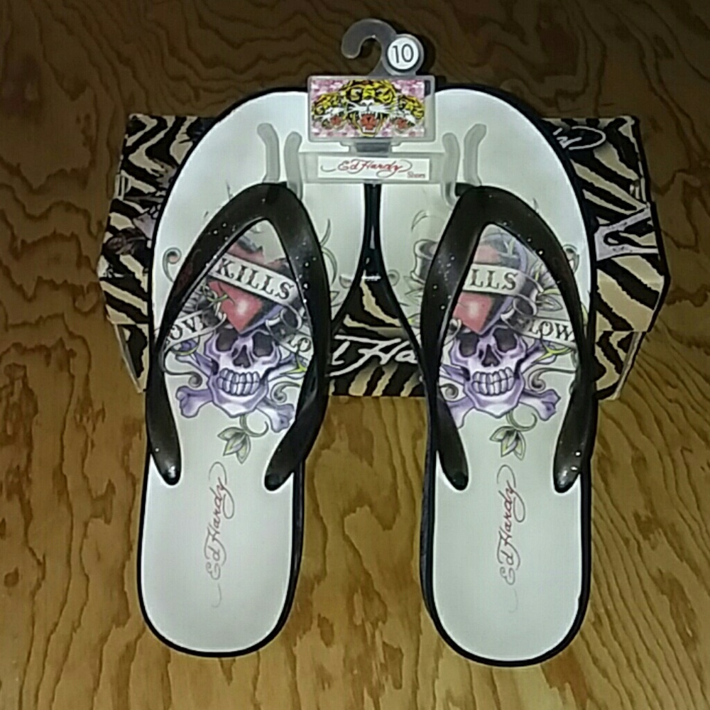 ED HARDY DESIGNS*FLIP FLOP SANDALS*SZ10 BLACK*